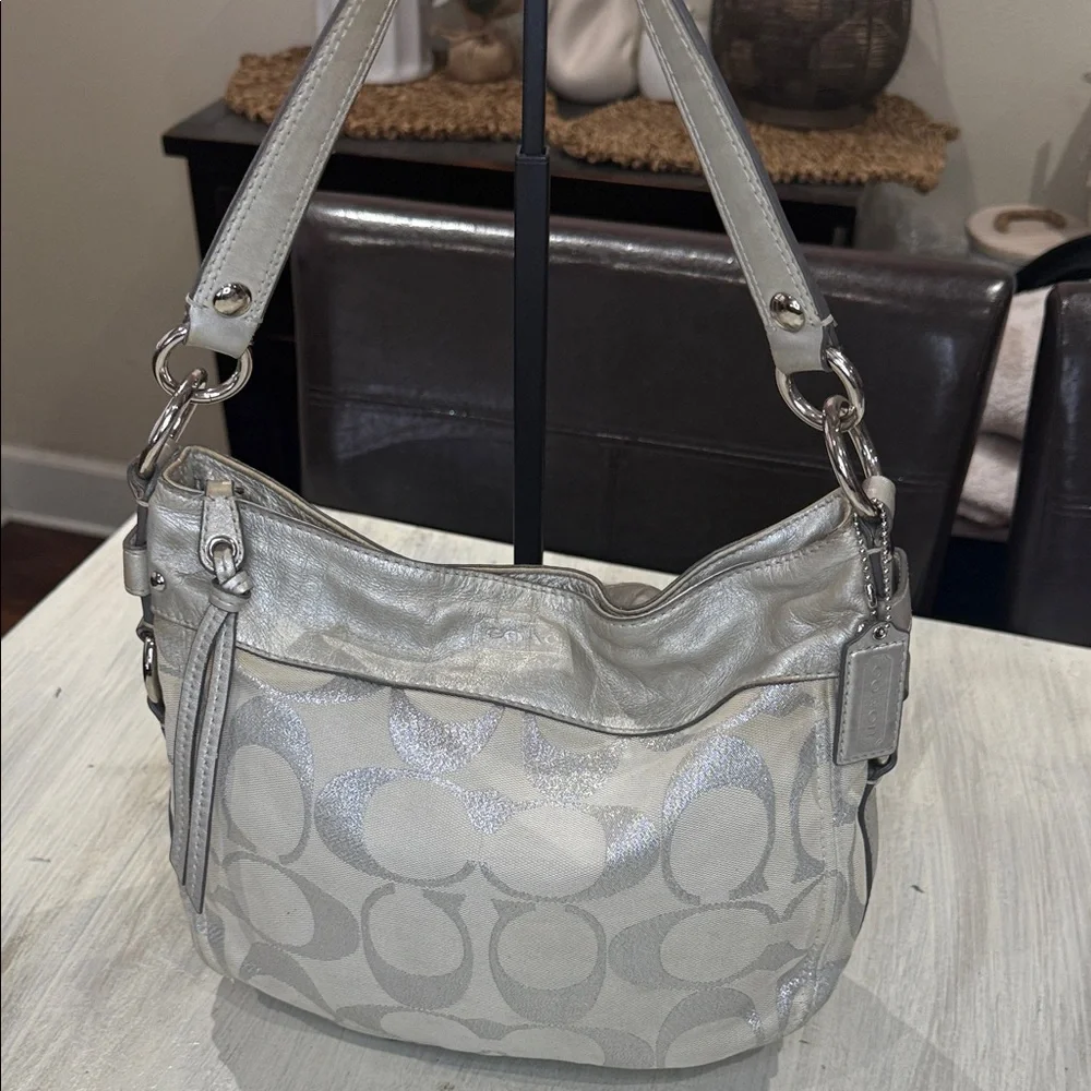 Coach Metallic Silver and Cream Shoulder Hobo Bag - Picture 2 of 16